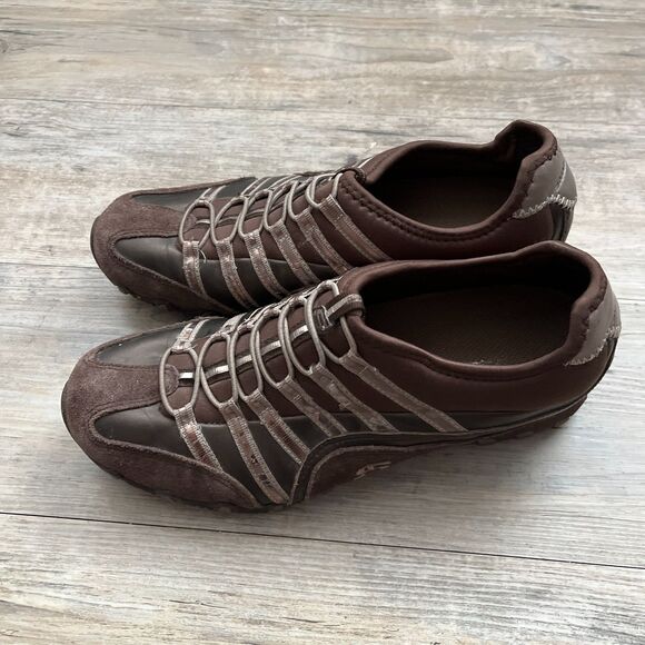 Vintage Y2K Skechers Slip On Lace Up Faux Suede Leather Brown Metallic 8.5 2000s - Picture 5 of 7